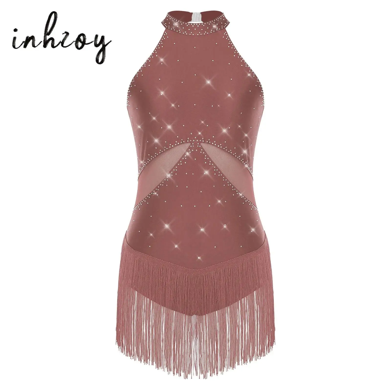 

Women Latin Chacha Dance Leotard Sparkly Rhinestone Tassel Mesh Patchwork Back Hollow Out Bodysuit One Piece Latin Dance Costume