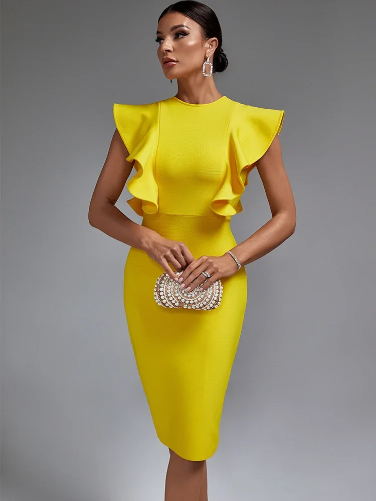 Yellow Bandage Dress Women Midi Party Dress Bodycon Elegant Ruffle Sexy Evening Birthday Club Outfits Summer 2023