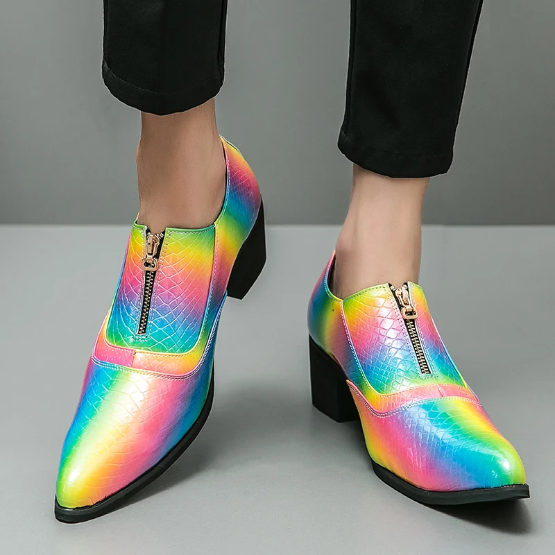 Rainbow Pointed Men's High Heel Shoes Comfort Leather Men Social Shoes Zip Design Wedding Shoes Men Party Shoes zapatos hombre