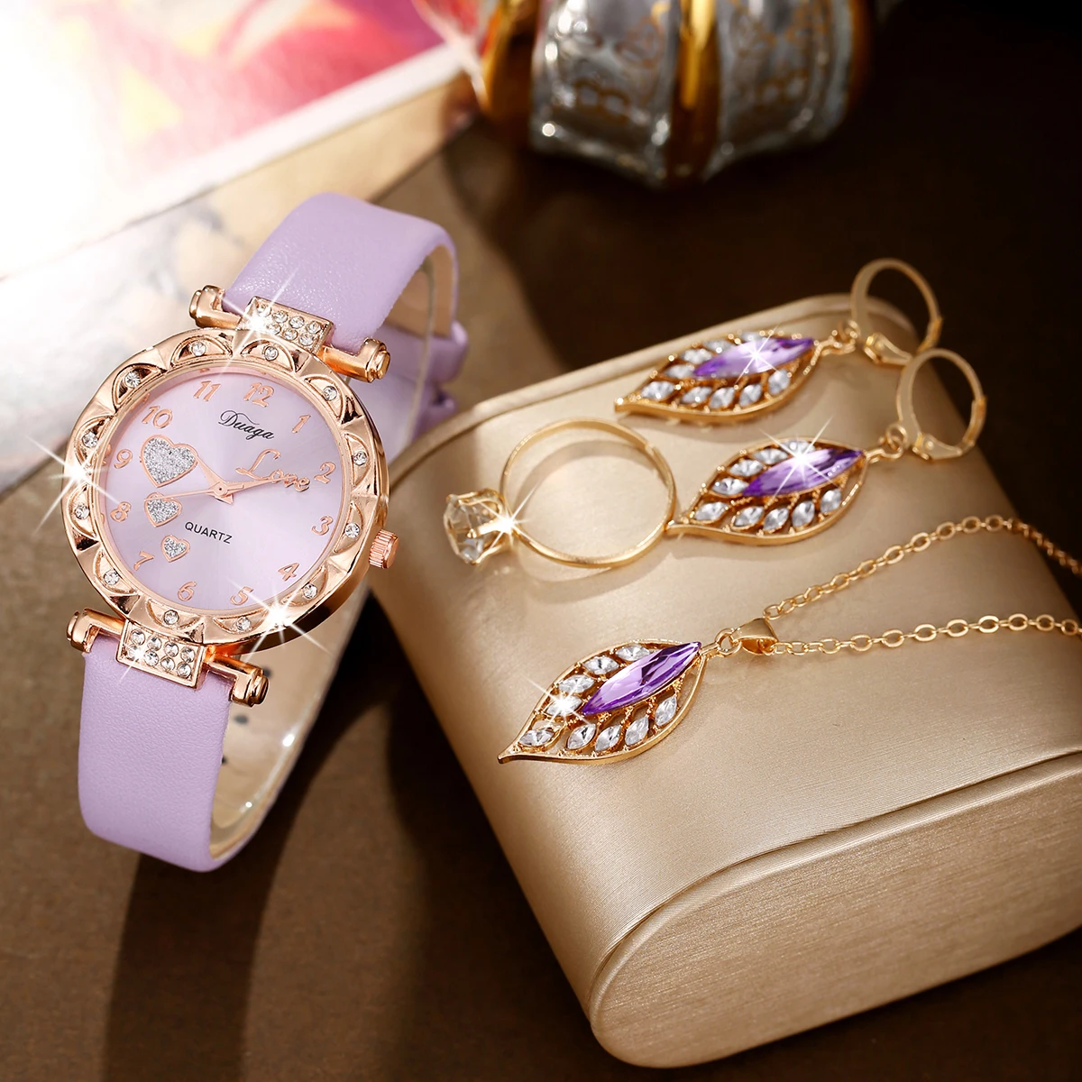 5PCS Women\'s Light Purple Diamond studded Dial Fashion Versatile Leather Watch