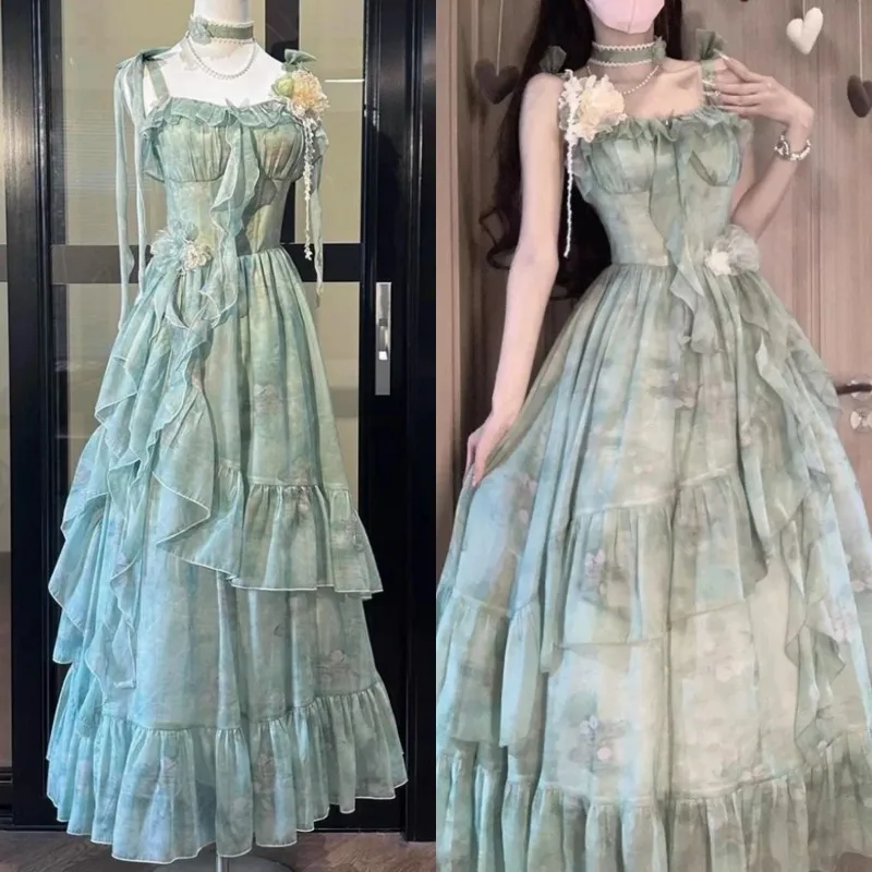 

New Casual Sweet Kawaii Vintage Japanese Girly Dress for Women Summer Beach Party Y2K Style Floral Print Light 2025 Clothing