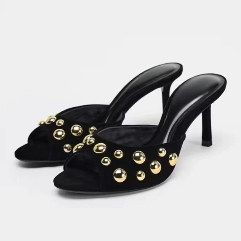 

Летние брендовые женские босоножки на высоком каблуке, модные замшевые туфли на шпильке с заклепками и открытым носком, вечерние повседневные женские туфли без каблуков