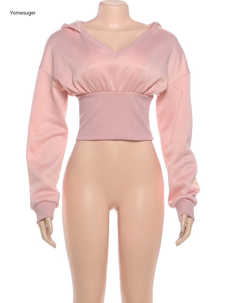 Yomesugar عادية الصوف المحاصيل هوديي المرأة محب المجهزة الخصر المرقعة الخامس الرقبة كم كامل قناع السترة Harajuku الشارع الشهير #4