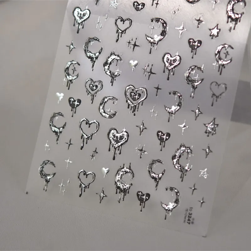 5D Realistic Relief Stamp Silver Melted Heart Moon Stars Balloon Angel Love Adhesive Nail Art Stickers Decals Manicure Charms