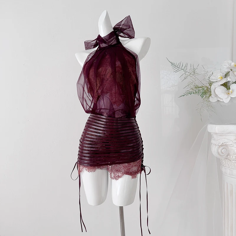 Vintage 2 Piece Playsuits Skirt Sets Women Sexy Halter Sleeveless Romper Chic Lace Patchwork PU Bodycon Skirt Bandage Mini Skirt