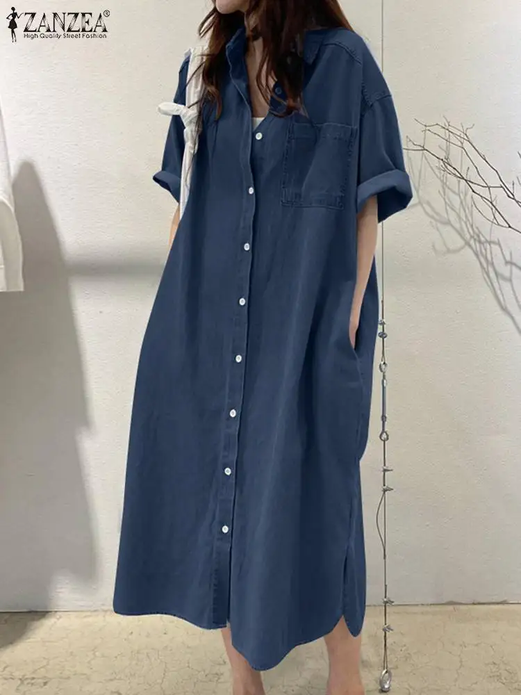 Zanzea elegantes festes Sommerkleid lässiges Jeans kleid Frau Mode Arbeit ol Vestidos Kurzarm Revers hals Hemd kleid übergroß