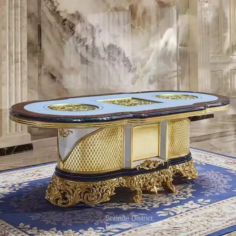 Royal Gold Baroque Stainless Steel Dining Table 2.2 Meters Luxury European Antique Design Home Villa Hotel Living Room Furniture
