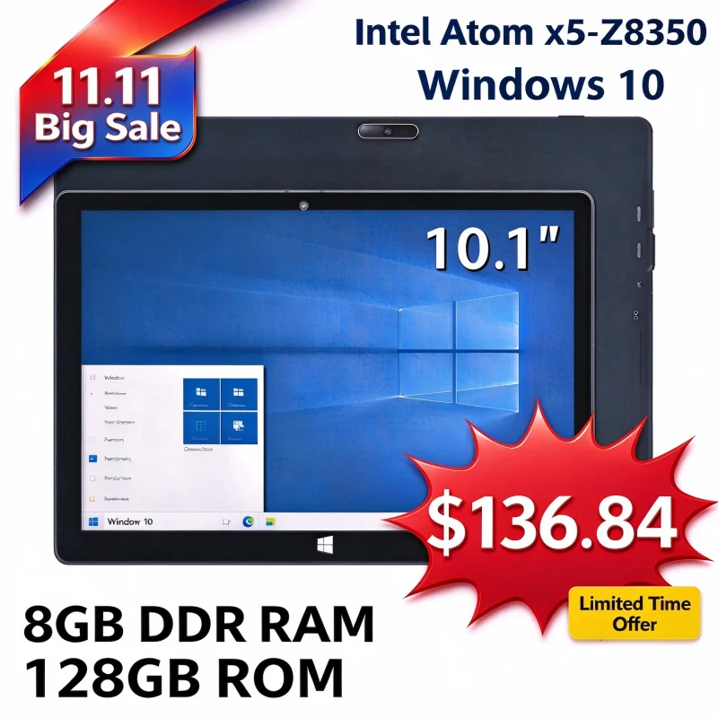 8GB DDR RAM, 128GB ROM, 10.1인치 화면, Windows 10 탑재, 64비트 인텔 아톰 X5-Z8350 CPU, 1280x800 해상도, IPS 디스플레이, HDMI 포트 1개.