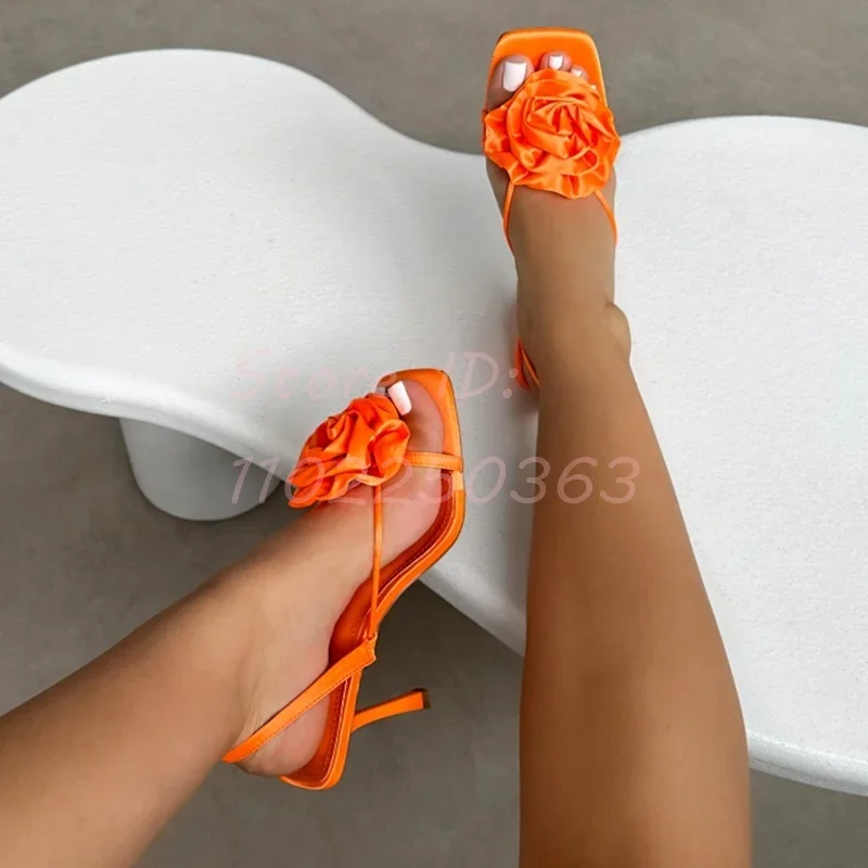 

Orange Flower Cross-tied Stilettos Sandals Satin Solid Round Toe Slip-on Thin High Heeled Fashion 2024 Women Sexy Dress Shoes