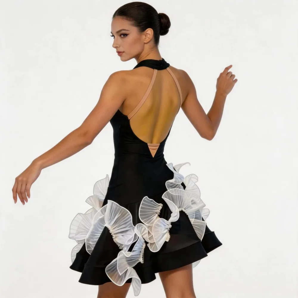 Black White Contrast Color Halter Latin Dance Dress Ballroom Competition Blackpool Stage Costume