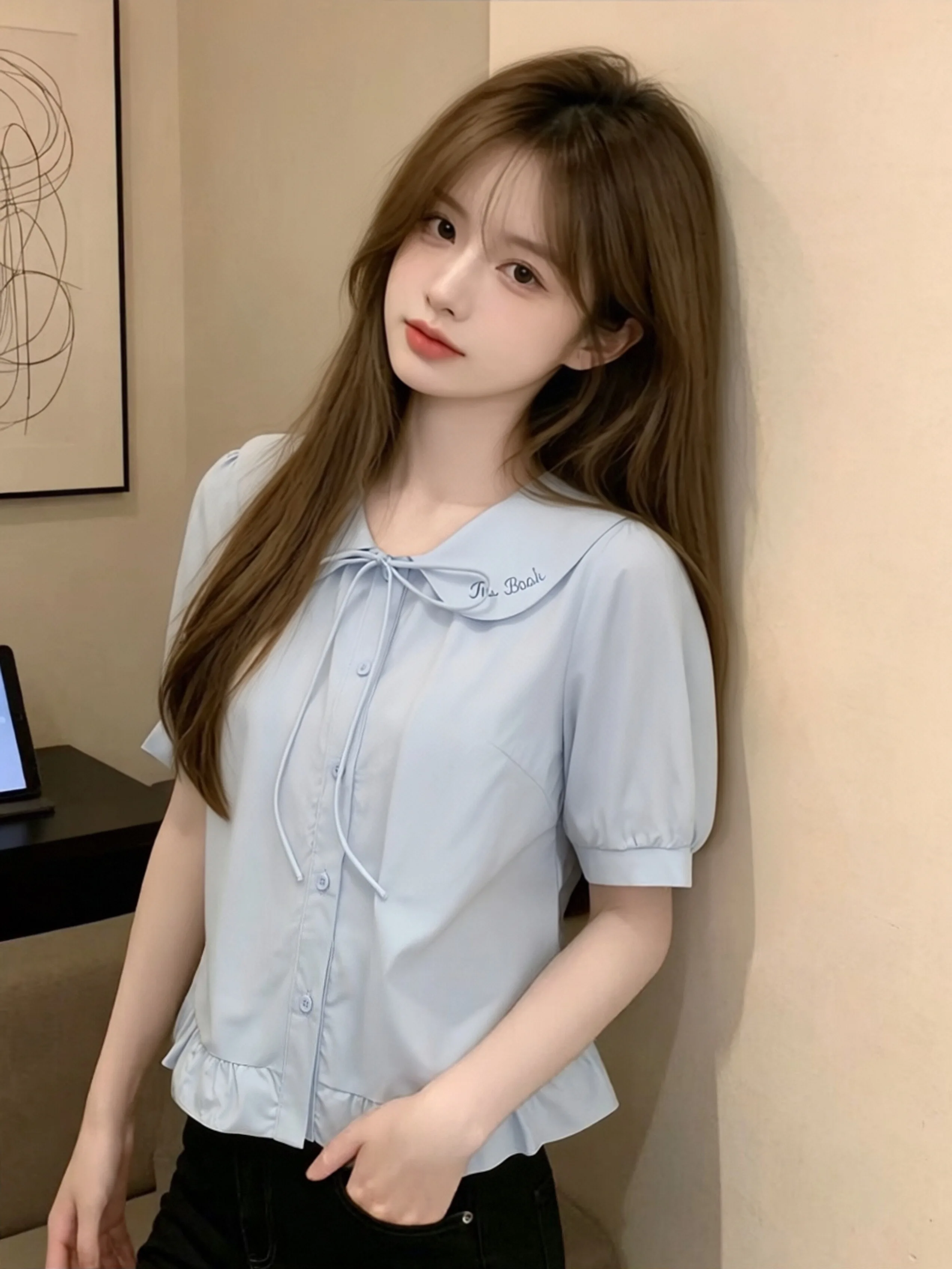 

College Style Knot Tie Blouse Women Summer Loose Anti-Aging Skirt Hem Shirt Short Sleeve Doll Collar Blouse