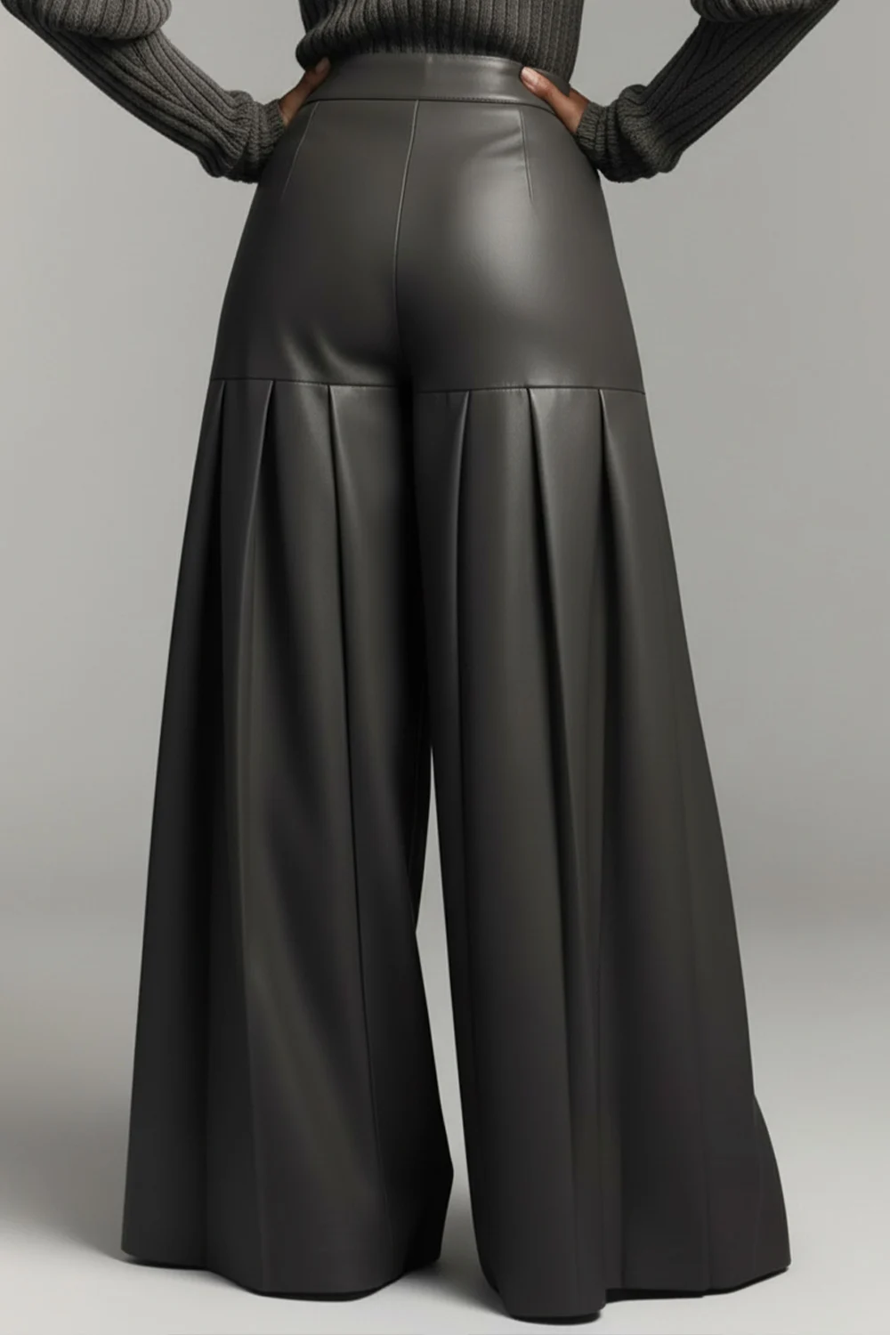 Plus Size Business Casual Grey Pocket Casual Wide Leg PU Leather Pants view 2