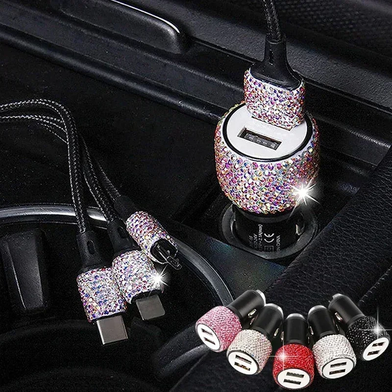 NEW USB Car Charger Pink Crystal Diamond 5V 2.1A Dual Port Fast Charging Adapter 3 in 1 Cable for IPhone Samsung Huawei view 3
