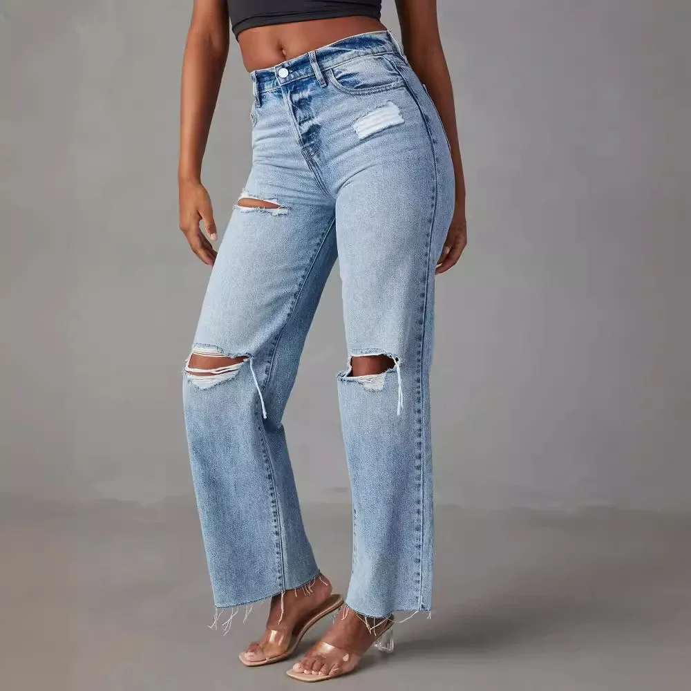 Women Mom Jeans Pencil Pant Long Pants Hollow Out Blue Elegant High Waist Elegant Wide Leg Streetwear Y2k Denim Trousers 2024