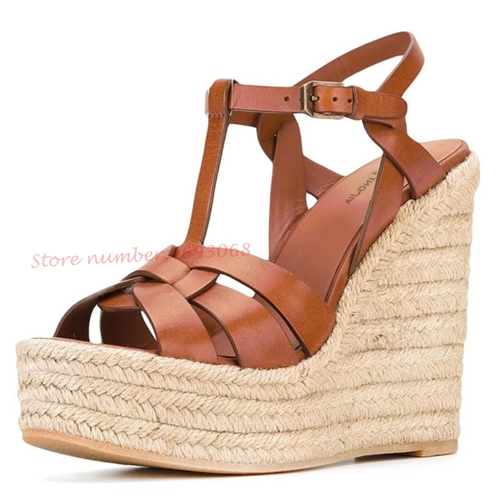 T-strap Wedge Platform Sandals Women Braided High Heels Height Increasing Peep Toe Summer Leather Shoes Bukcle Strap Sandals