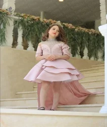 Customized Illusion Beaded Light Pink Elegance Flower Girl Dress Detachable Train Prom Gown For Toddler Birthday Banquet