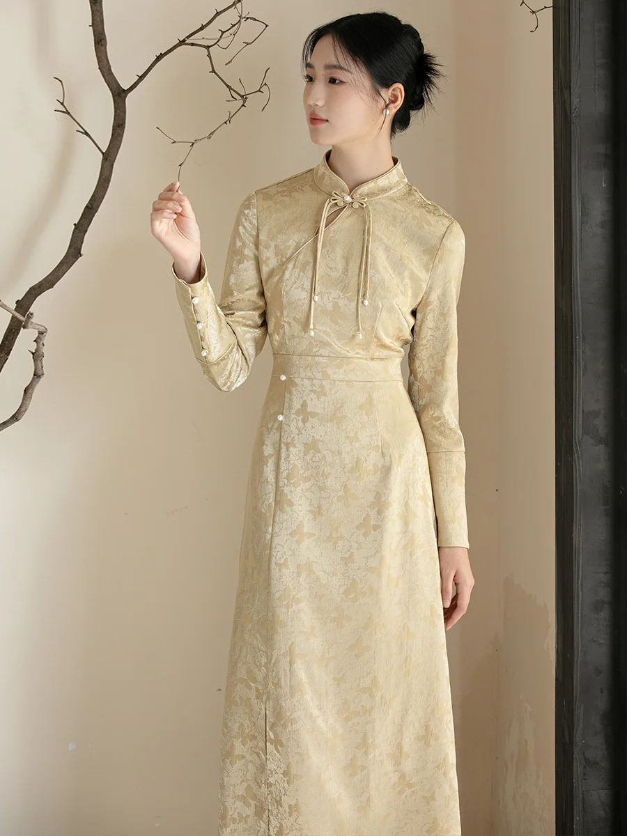 

Ele Long Sve Chinese Sle Dr, женское возвращенное осенне-зимнее новое поступление, чайный цвет с высокой талией, национальный Fa...