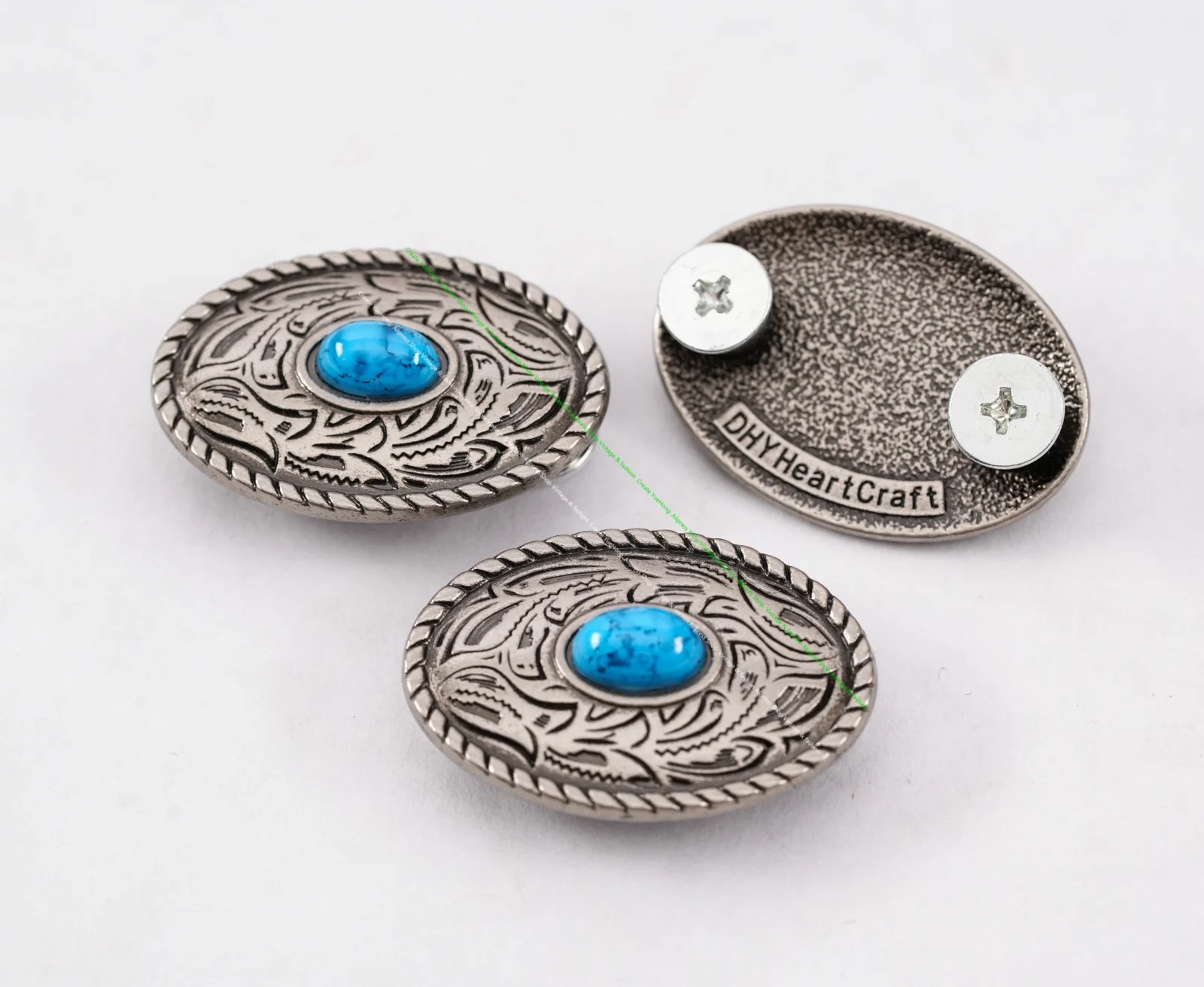 10X 35X25MM Western Antique Sliver Blue Turquoise Flower Engraved Saddle Tack Belt leathercraft Prairie Dust Oval Conchos