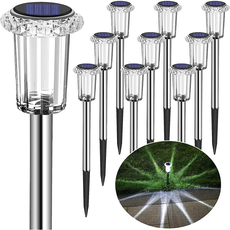 Solar Light Outdoor 10 Pack Solar Pathway Light Waterproof Stainless Steel Solar Stake Light for Garden Yard Landscape Path Lawn