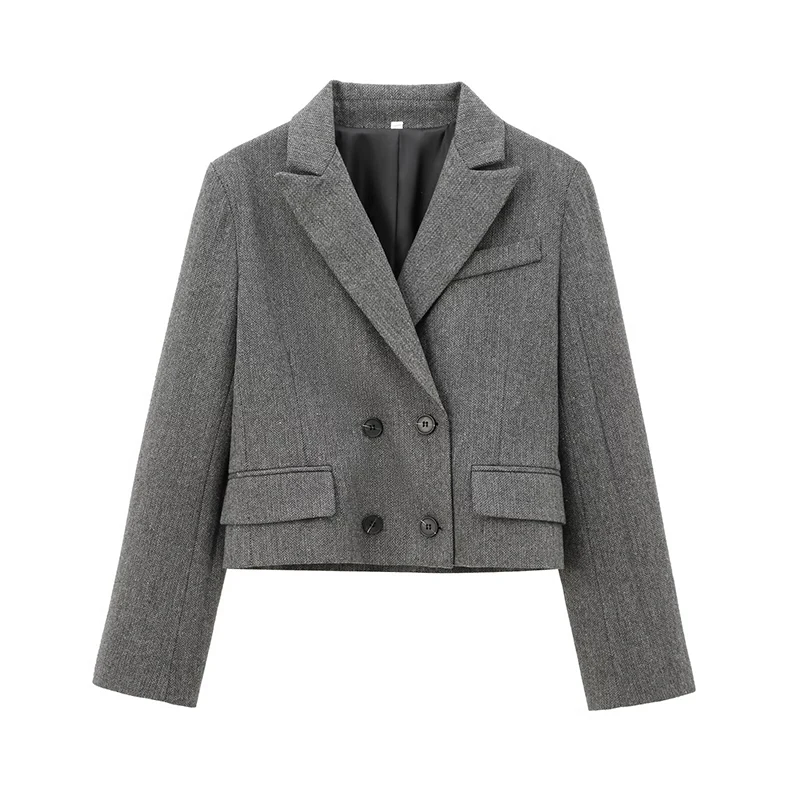 YENKYE Autumn Women Gray Double Breasted Crop Blazer Long Sleeve Lapel Collar Office Lady Elegant Suit Coat High Street Outfits