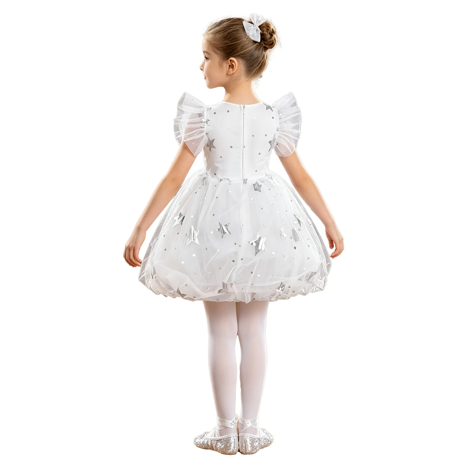 Flower Girl Dress Ballet Dance Tutu Birthday Party Performance Outfit Ruffled Sleeves Metallic Star Tulle Dresses with Pantyhose