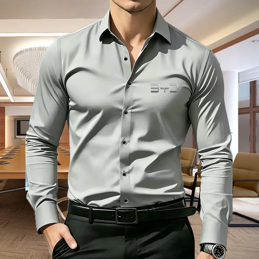 

Men's Slim Fit Shirt with Word B Y D Print, Long Sleeve Business Casual Button Down Blouse, Wrinkle Resistant, 5 Colors S-XXL