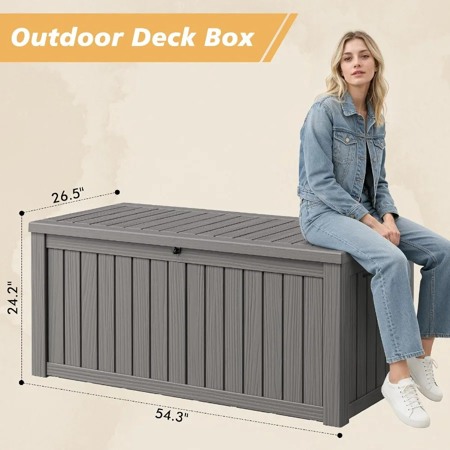 150 Gallon Outdoor Storage Deck Box for patio use, polypropylene material, Dark Grey color, weather-resistant and lockable desi