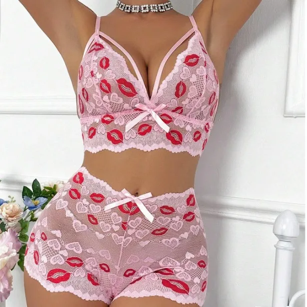

Sexy Lingerie Sets Woman Underwear - Seductive Red Lips Lace Bra Net Silk See-Through Set String Bodysuit Lingerie Corset