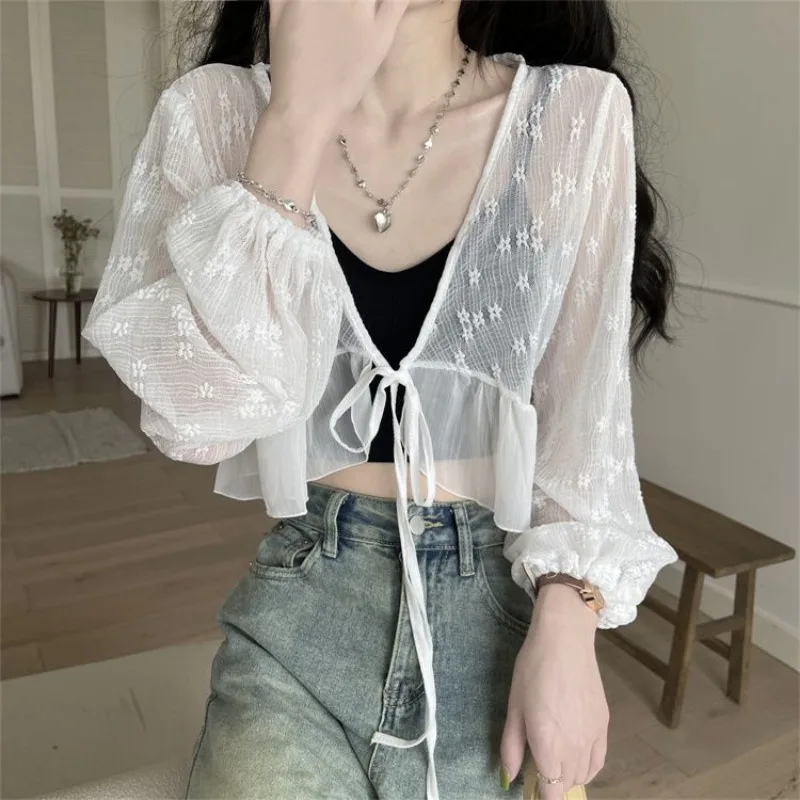 Cardigans Women Ruffles Sweet Elegant V-neck Lace Patchwork Sun Protection Long Sleeve Thin See Through Korean Fashion Summer