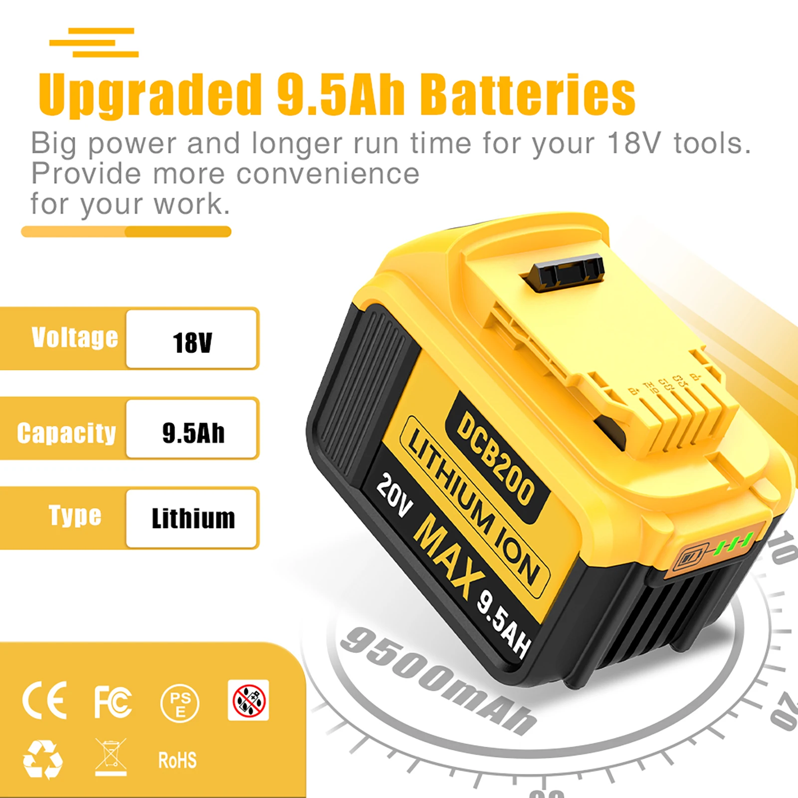 For Dewalt DCB200 Rechargeable Battery 20V 9500mAh Li-ion Replacement Battery For Dewalt 20V Cordless Power Tool DCV580 DCD780