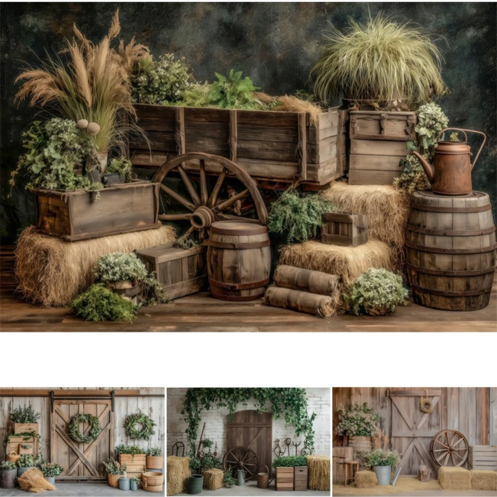 

Barn Door Wooden Board Photo Backdrop Decor Western Wooden House Straw Bale Farmhouse Baby Shower Birthday Party Background