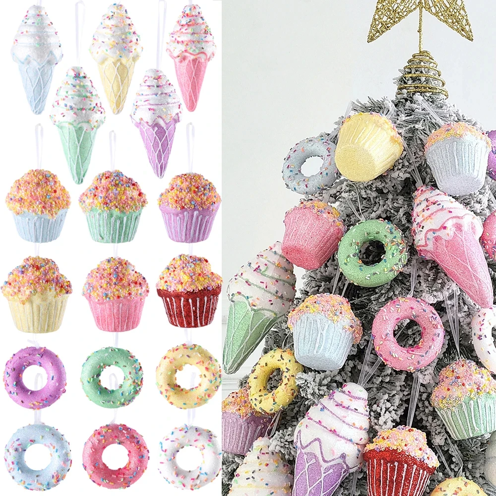 5/6pcs Macaron Ice Cream Cake Donut Pendant Christmas Tree Hanging Decoration Kids New Year Gifts Home Party Noel Navidad 2024