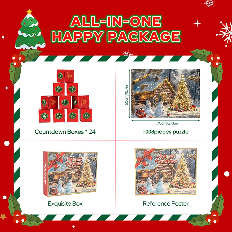 2024 New Design 24 Days Jigsaw Puzzles 1008 Pieces Christmas Advent Calendar Puzzle Snowman New Year Gift Box Party Game for Kid