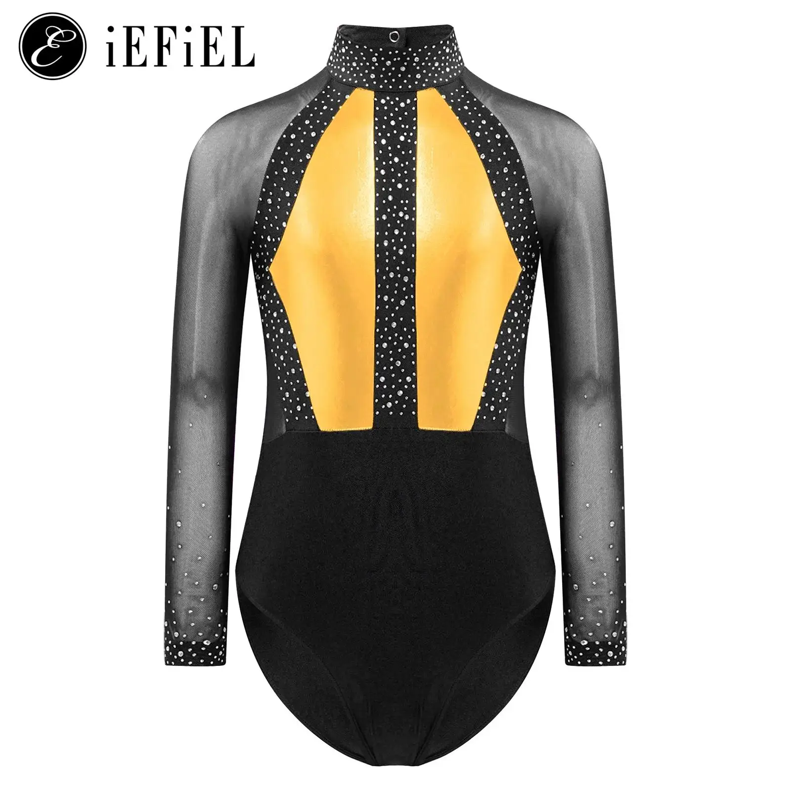 

Kids Girls Rhinestone Mesh Long Sleeve Keyhole Back Gymnastics Ballet Dance Leotard Top Tumbling Athletic Bodysuit Jumpsuits