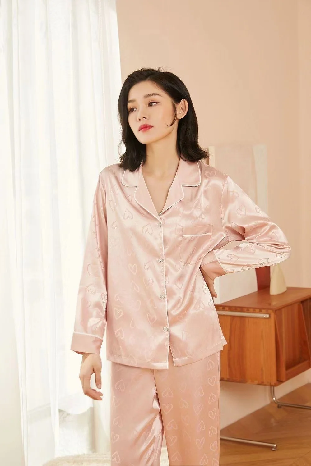 Spring Autumn 2 Piece Print Heart Women Sleepwear Faux Silk Satin Pajamas Set Long Sleeve Sleepwear Pajama Suit Female Homewear