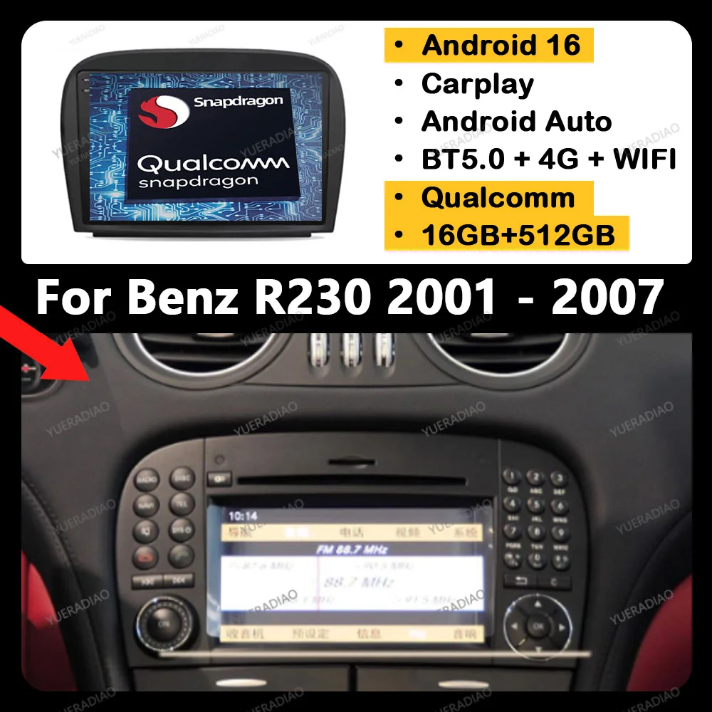 Android 16 Autoradio für Mercedes SL R230 SL350 SL500 SL55 SL600 SL65 2001 - 2007 Head Unit 4G WIFI BT GPS NAVI Qualcomm QLED