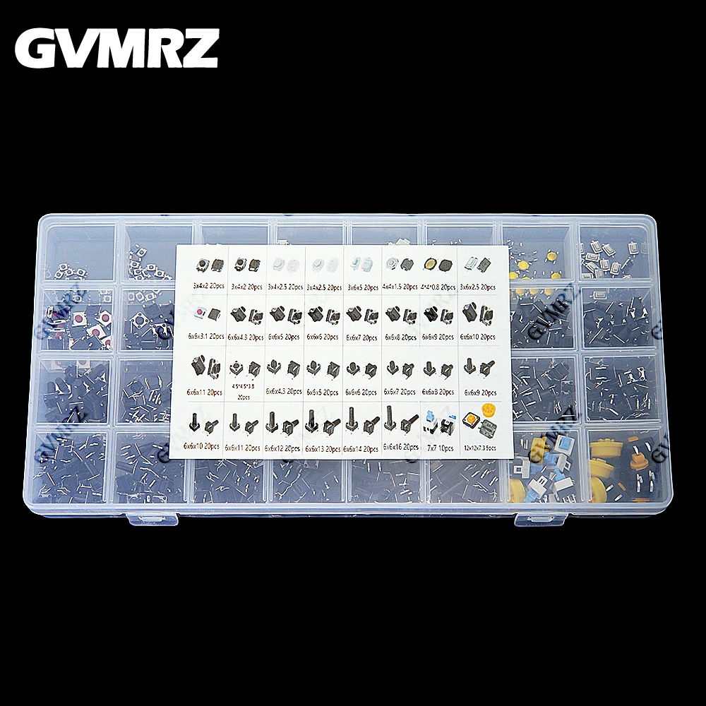 

620pcs 32 Values Tactile Push Button Switch SMD Micro Momentary Tact Switch Assortment Kit for Car Remote Control with Box