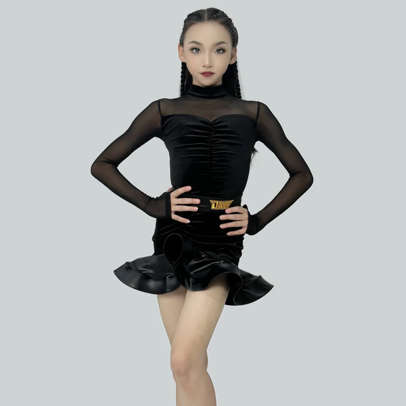 

Children Black Long Sleeves Tango Waltz Dance Costume Girls National Standard Latin Dance Competition Costume Stage Wear VBH1705