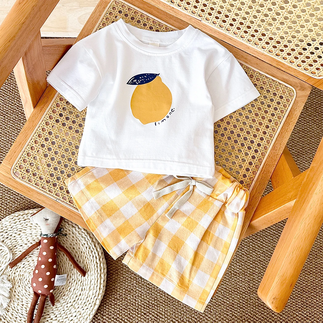 2PCS Summer Baby Boys Girls Clothes Set Lemon Print T-shirt+Checkered Shorts Beach Infant Toddler Outfit Suit 0-3Y