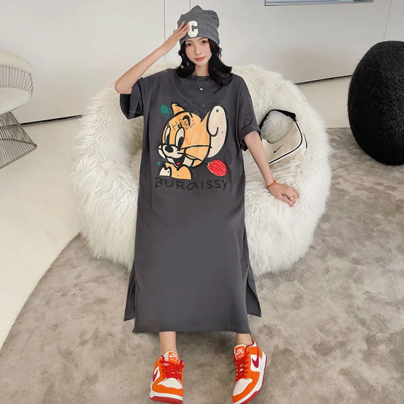 Trend Printing Loose T Shirt Dress Summer New Short Sleeve Solid Simplicity Fashion Midi Dress Casual Harajuku Women Clothing