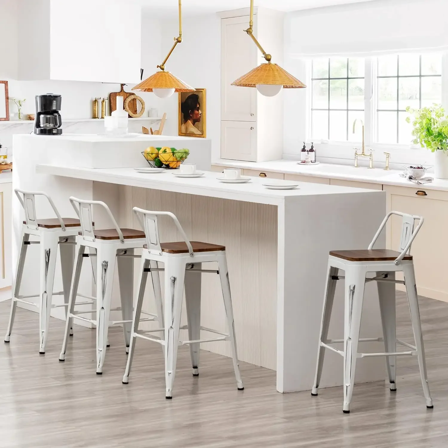 

Bar Stools Set of 4 Counter Height Stools Industrial Metal Barstools with Wooden Seats(24 Inch, Distressed White)