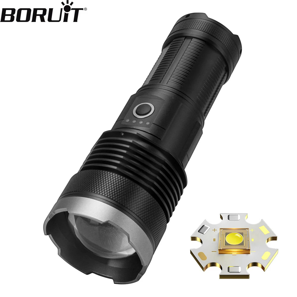 

BORUiT 30W LED Super Bright Flashlight 1500LM USB Rechargeable Zoomable Torch 1000 Meters Long Range Spotlight Tactical Lantern