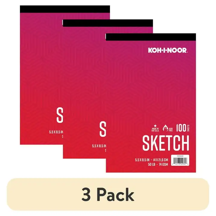 

(3 pack) Kohinoor Sketch Paper Pad 5.5" x 8.5" 50lb./74GSM 100 Sheets Bright White Paper. Tape Bound. Acid and Lignin Free
