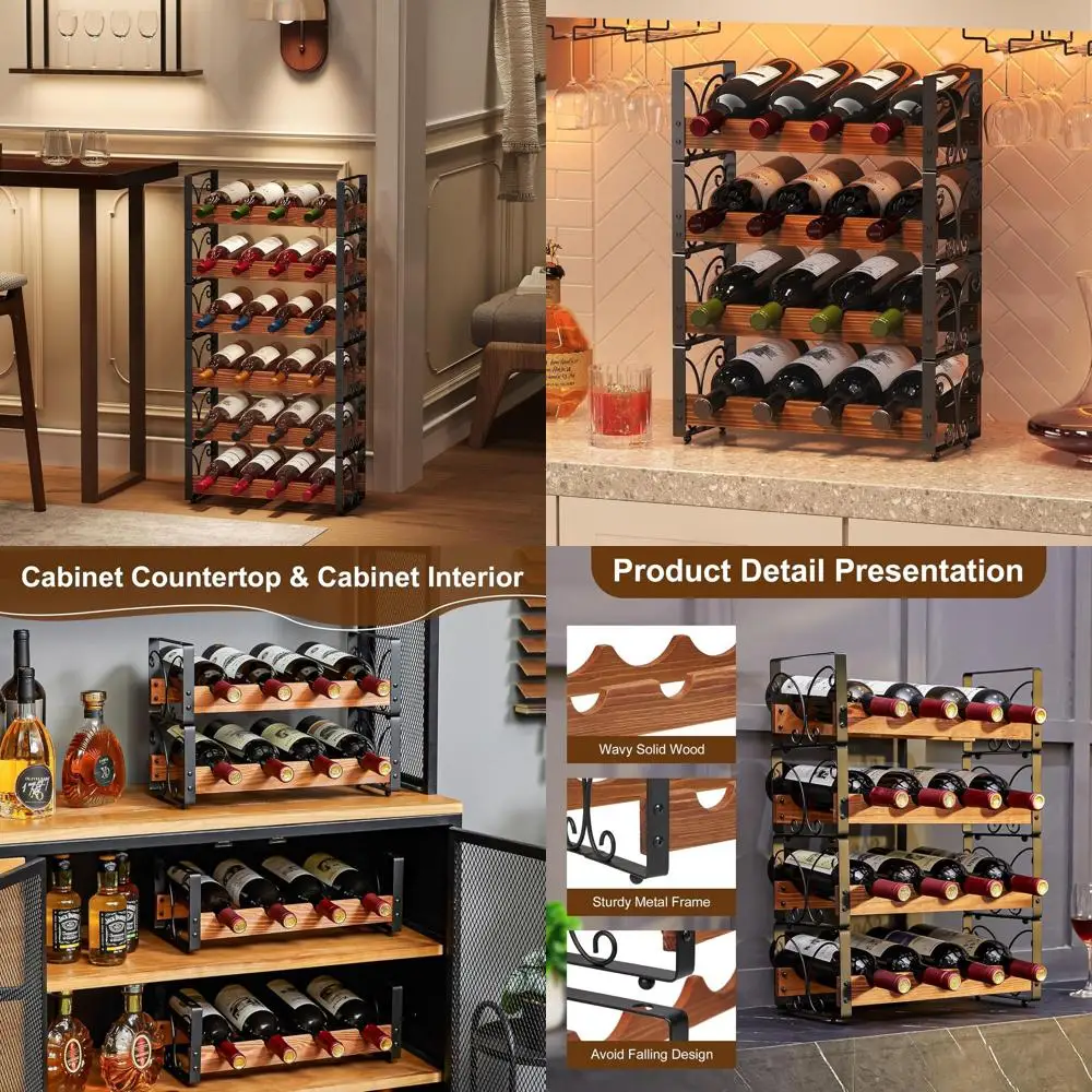 

4-уровневая штабелируемая винная полка для кухни или бара, деревянный и металлический дизайн, вмещает 16 бутылок, патентированная напольная полка для витрины