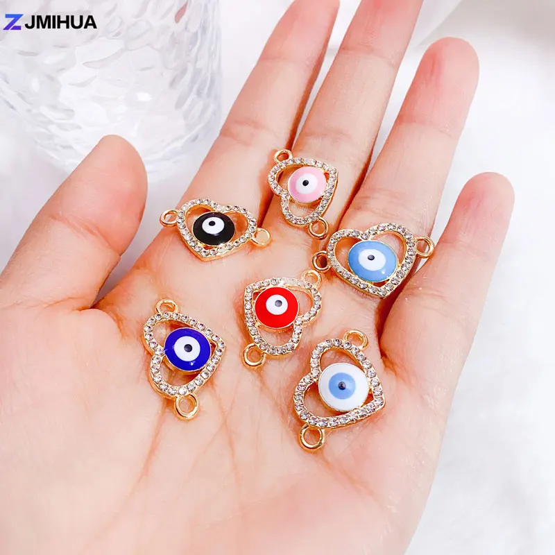 15pcs Heart Crystal Connectors Turkish Evil Eye Charms For Jewelry Making Supplies DIY Handmade Bracelets Findings Accessories