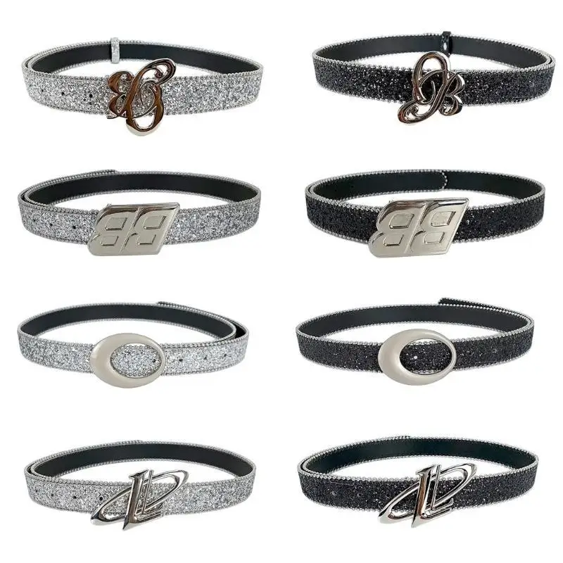 

A52E Butterfly Buckle Waist Belt for Women Blingbling Sequined Belt All Matching Western Belt Shimmering Pants Belt for Party