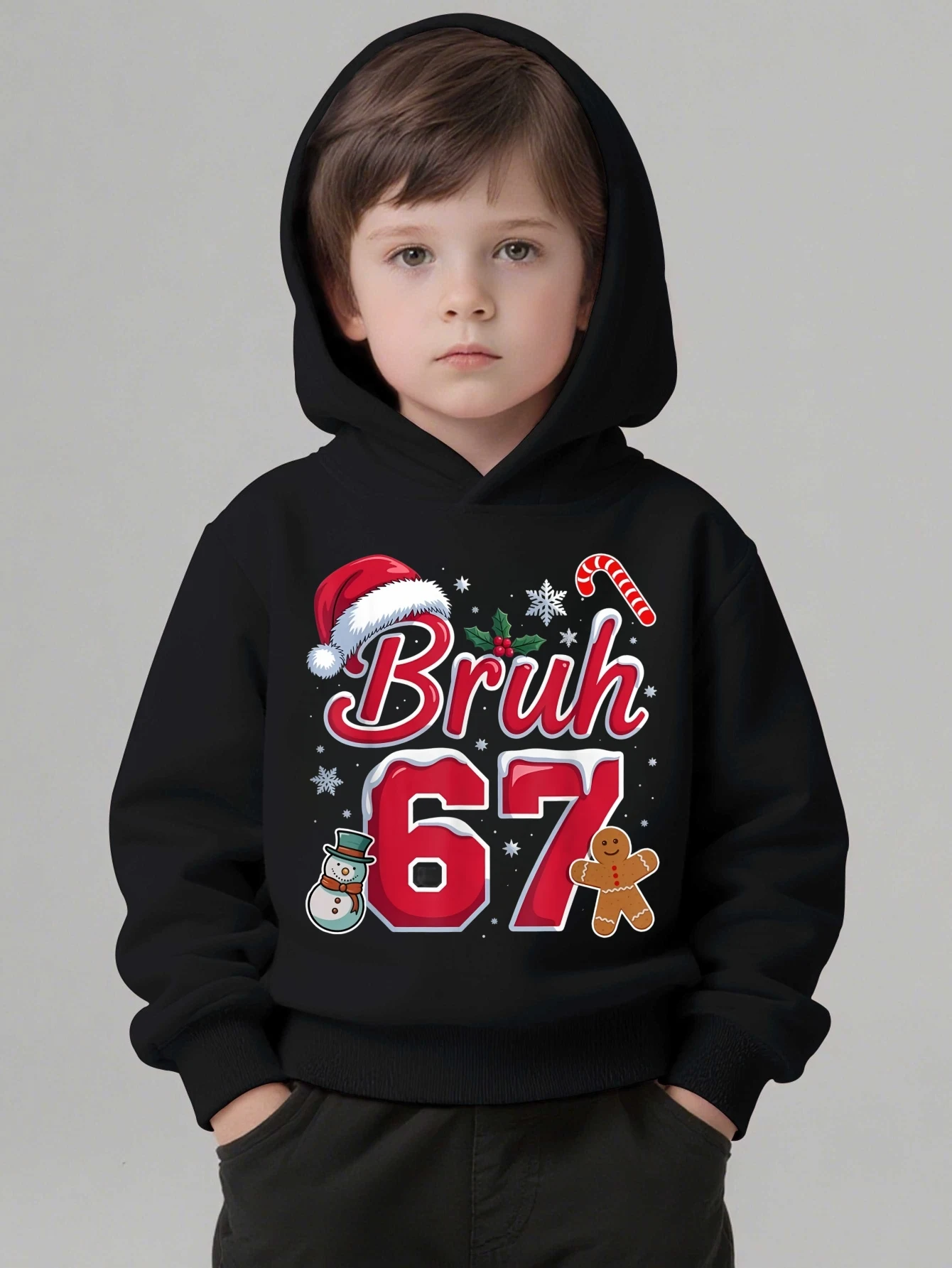 سترة بغطاء للرأس برسومات عيد الميلاد المضحكة من Bruh 67 Six Seven، تصميم فكاهي 67 رقميًا، مع شارات خبز الزنجبيل وندفة الثلج
