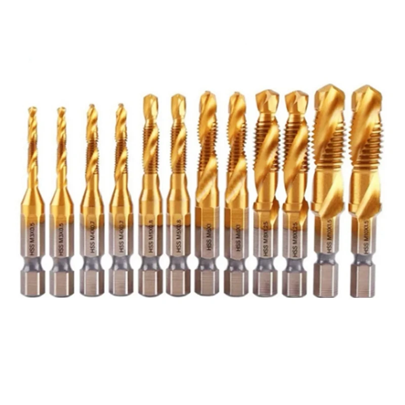 

12Pcs Titanium Coated HSS Tap Drill Bits Set Hex Shank Screw Thread Bit Screw Machine Compound Tap M3 M 4 M5 M6 M8 M10