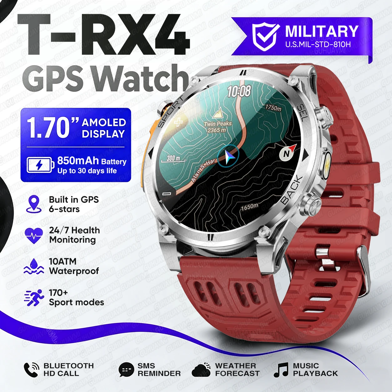 T-RX4 Ultra GPS Outdoor-Militär-Smartwatch für Herren, 1,7 Zoll AMOLED-Kompass, 10 ATM wasserdicht, 850 mAh Akku, Bluetooth-Anruf-Smartwatch