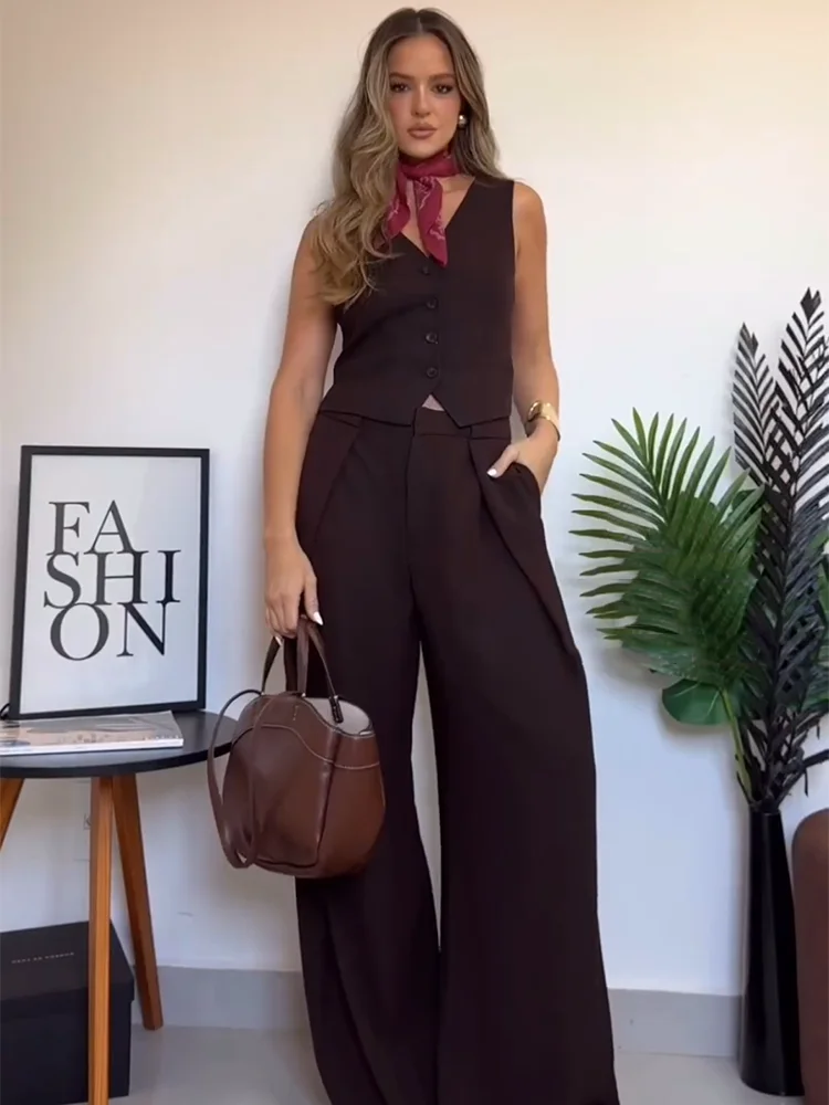 SIYANG Women Fashion Chic Chocolate Set Female Side Vents Wasitcoat With Belt Pleated Trousers Ladies Elegant Outfits